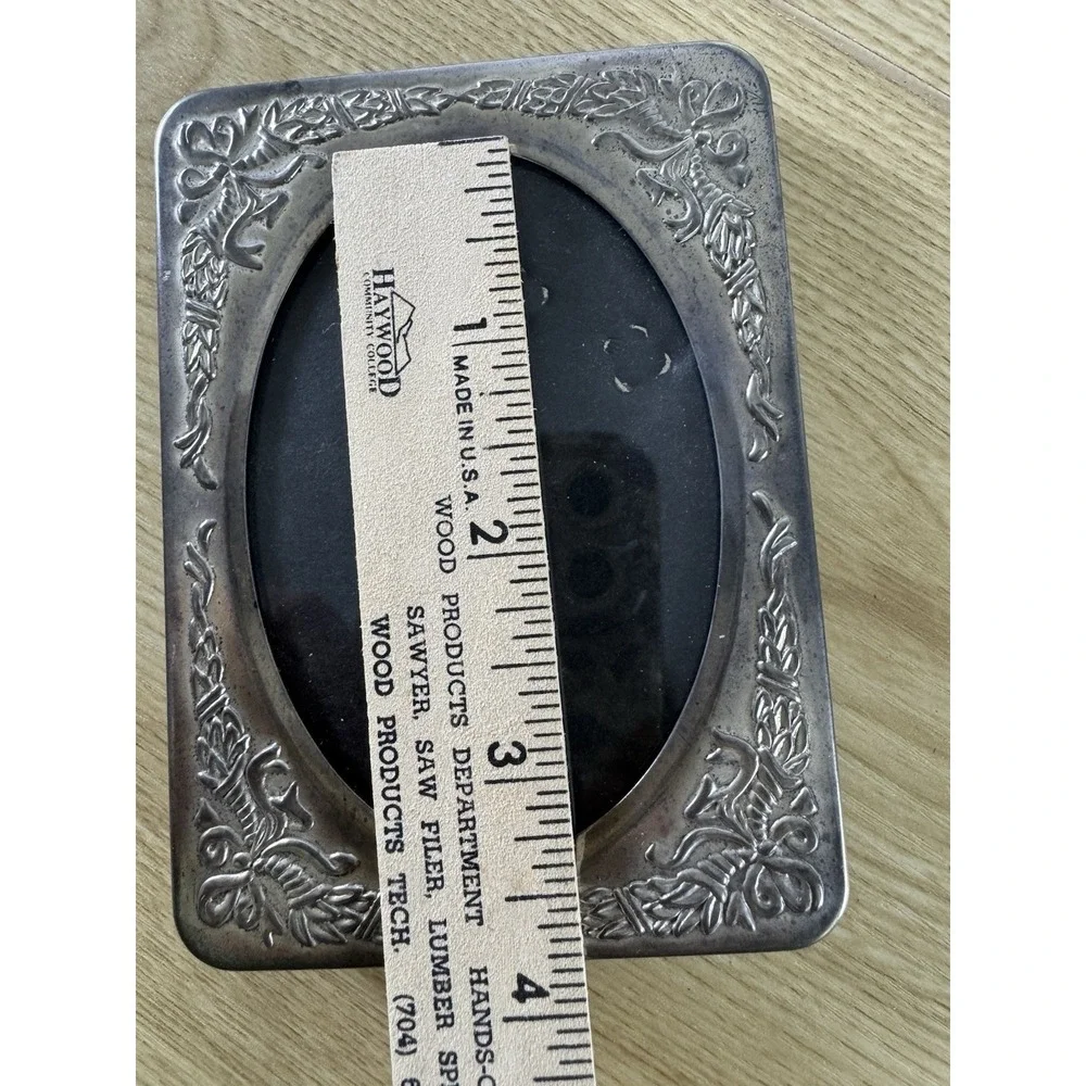 Vintage Pewter Tone Oval Picture Frame Floral Bow Ribbon Easel Back Cottage